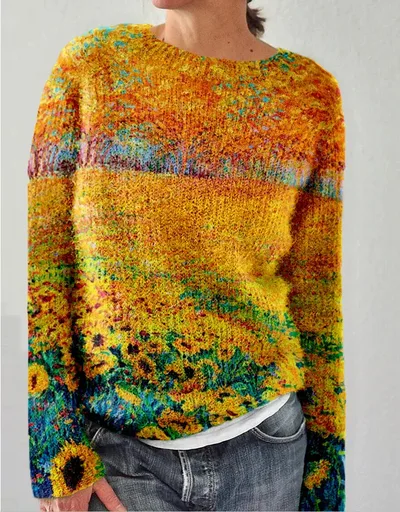 Thick Needle Fabric Printed Women's Round Neck Sweater Sunflower 5Xl - Shop at LoveMi