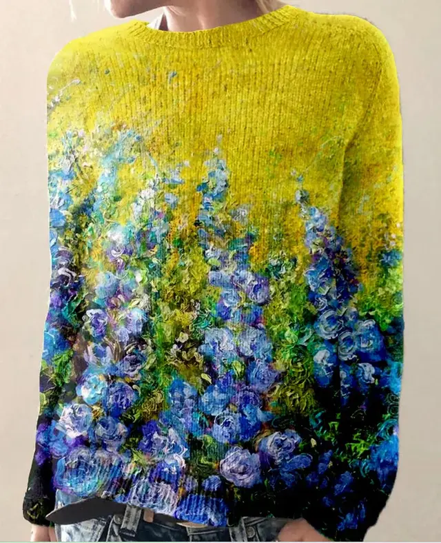 Thick Needle Fabric Printed Women's Round Neck Sweater Yellow - Shop at LoveMi