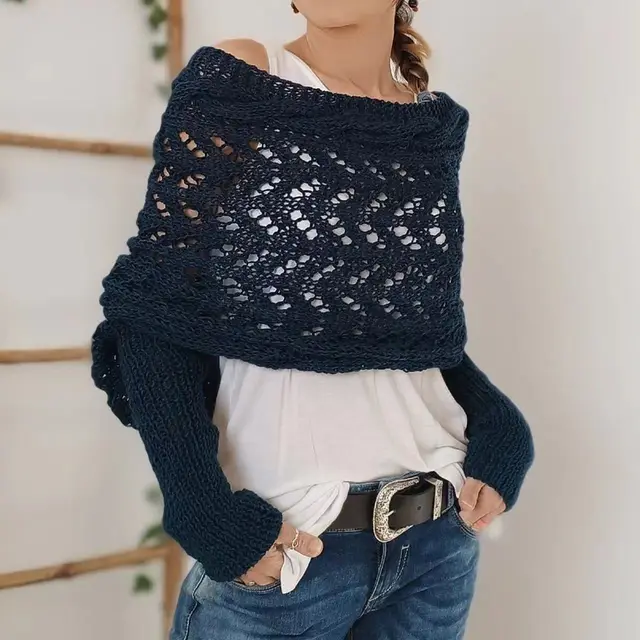 Autumn And Winter Warm Knitted Shawl Women's Hollowed out Double Sleeve Shawl Collar Fashion Natural For Home And Party Dark Blue - Shop at LoveMi
