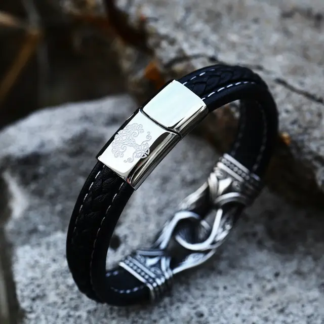 Vintage Titanium Steel Fashion Carved Leather Bracelet Tree Of Life - Shop at LoveMi