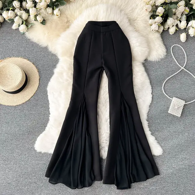 Mesh Irregular Stitching Bell bottom Pants Women Black - Shop at LoveMi