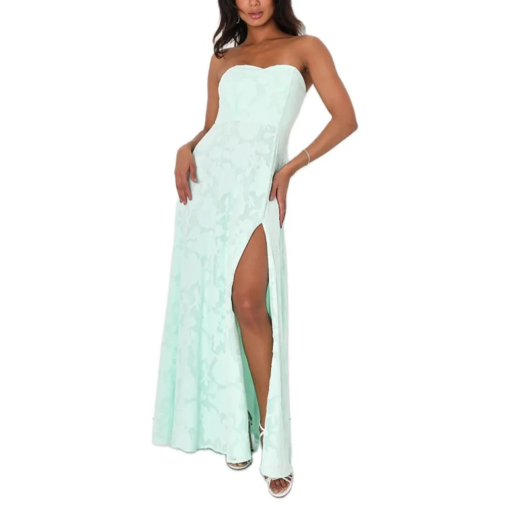 Elegant Embroidery Evening Tube Top Off shoulder Slim Fit Large Swing Dress Green - Shop at LoveMi