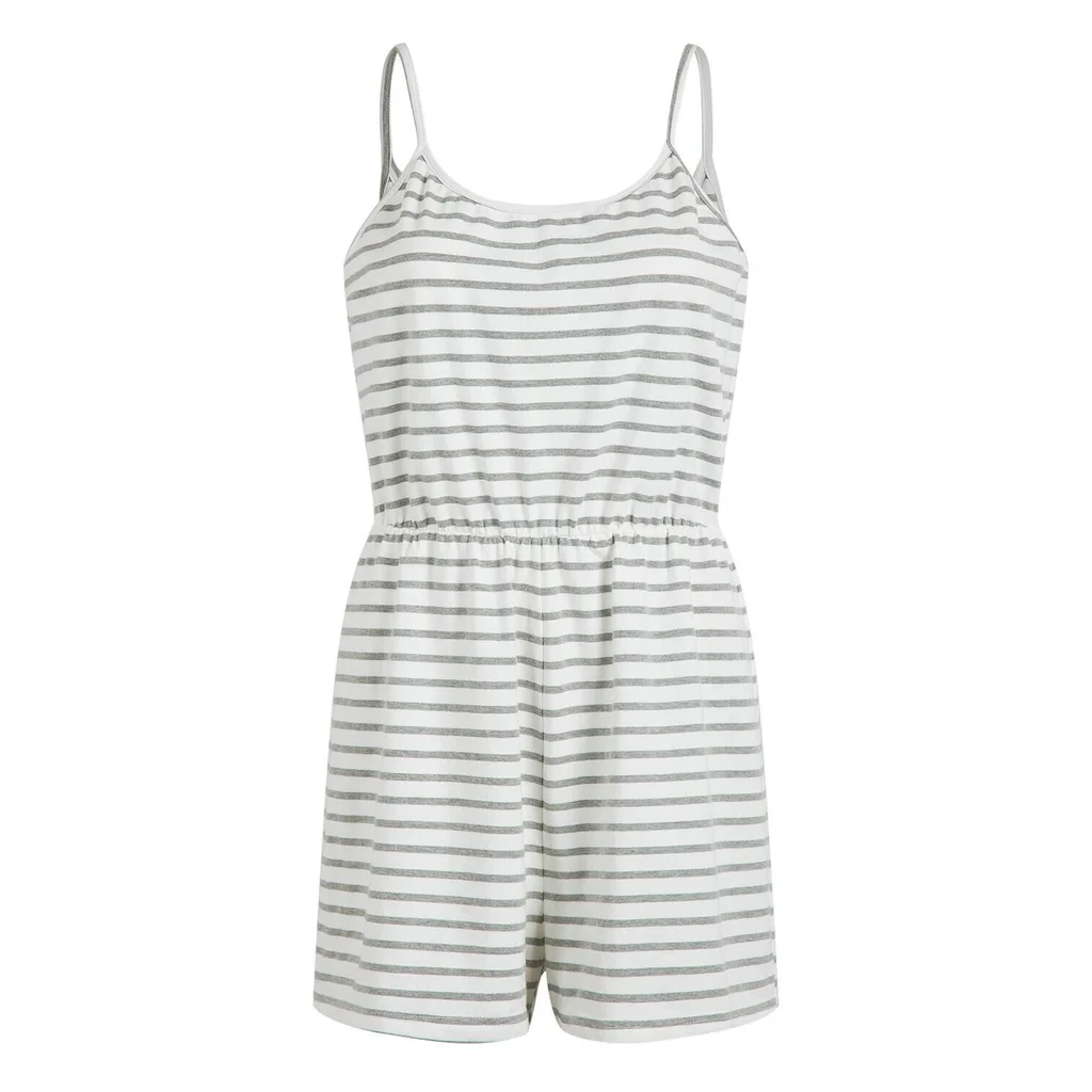 Casual Cotton Striped Spaghetti Straps Jumpsuit - Grey