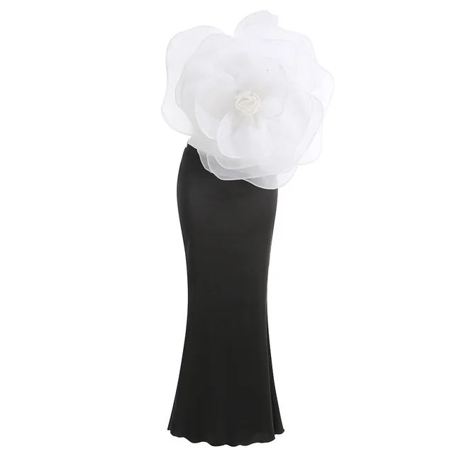 White Flower Short Top High Waist Black Skirt Suit White - Shop at LoveMi