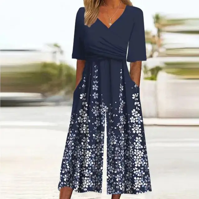 V neck Printed Trousers One piece Straight Wide leg Pants Dark Blue - Shop at LoveMi