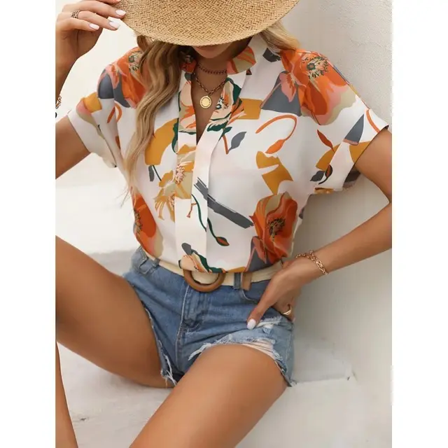 Women's Summer V neck Flower Fashion Short Sleeve Shirt Top Beige - Shop at LoveMi