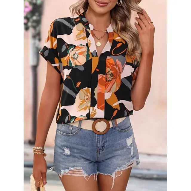 Women's Summer V neck Flower Fashion Short Sleeve Shirt Top Black - Shop at LoveMi