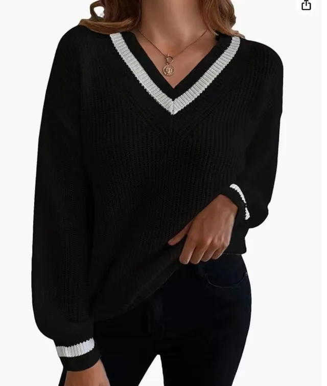 Casual Patchwork Contrast Color Loose Long Sleeve Women's Sweater Black - Shop at LoveMi