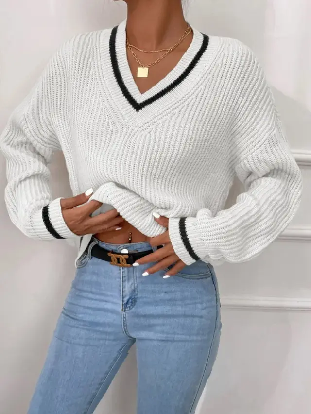 Casual Patchwork Contrast Color Loose Long Sleeve Women's Sweater White - Shop at LoveMi
