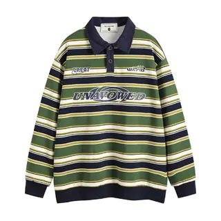 Vintage Matcha Green Striped Sweater Polo Collar Jacket - Green