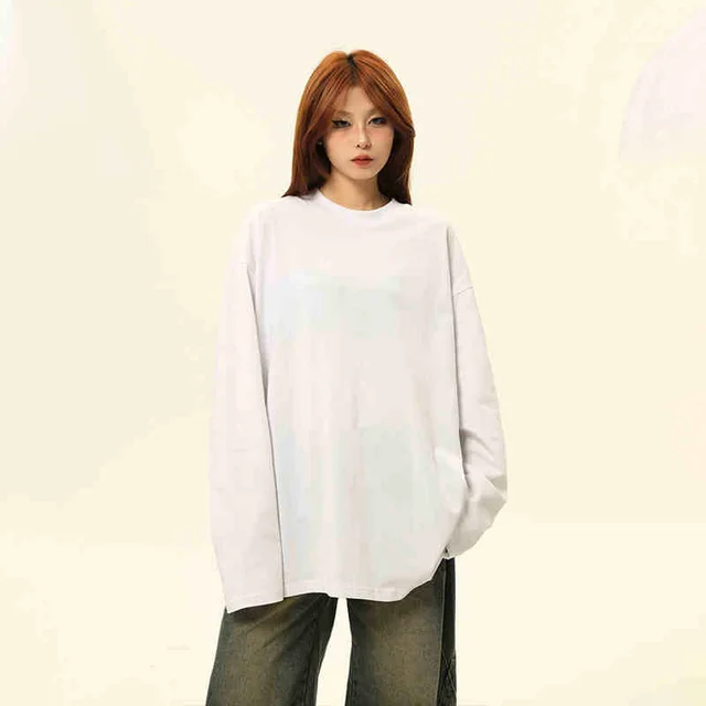 Pure Cotton Long Sleeve 300g Heavy Base Shirt Solid Color T shirt White - Shop at LoveMi