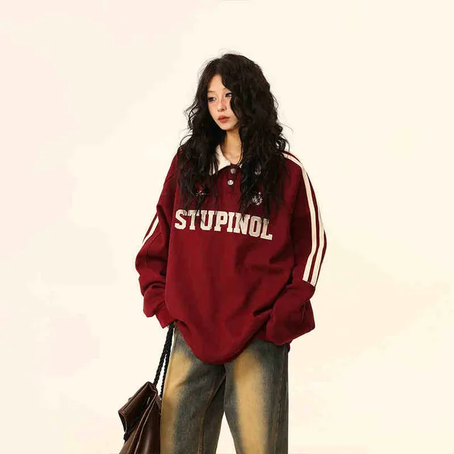 Retro Polo Collar Sweater Women's Loose Couple's Tops Red - Shop at LoveMi