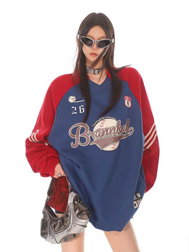 American Sports Style Baseball Vintage Print College V neck Sweatshirt Female Blue - Shop at LoveMi