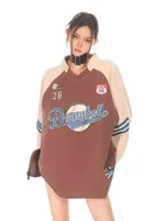 American Sports Style Baseball Vintage Print College V-neck Sweatshirt Female - Coffee