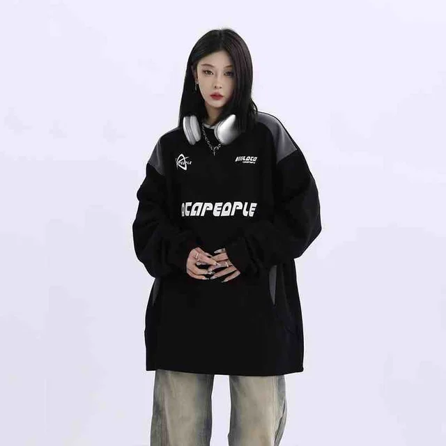 Racing Element Round Neck Long Sleeve Sweater Loose Couple's Tops Black Plus Velvet - Shop at LoveMi