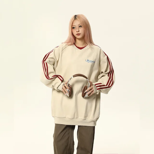 Retro Crew Neck Sweater Women's Contrast Color Loose Top Apricot - Shop at LoveMi