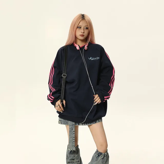 Retro Crew Neck Sweater Women's Contrast Color Loose Top Dark Blue - Shop at LoveMi