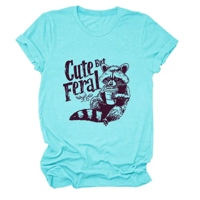 Guoli Printed Personality Round Neck Women's T shirt Deep Water Blue - Shop at LoveMi