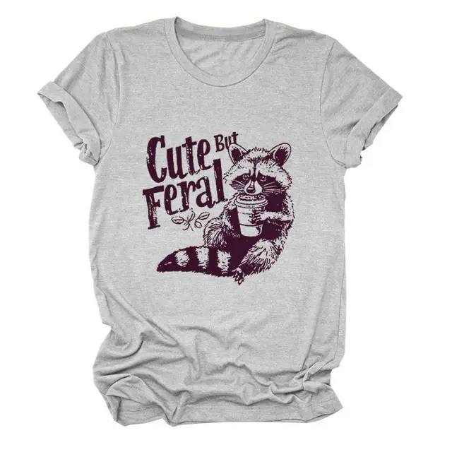 Guoli Printed Personality Round Neck Women's T shirt Light Gray - Shop at LoveMi