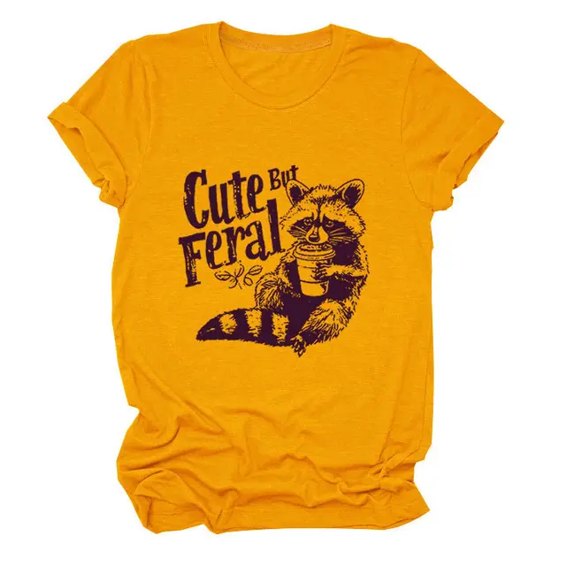 Guoli Printed Personality Round Neck Women's T shirt Mustard Yellow - Shop at LoveMi
