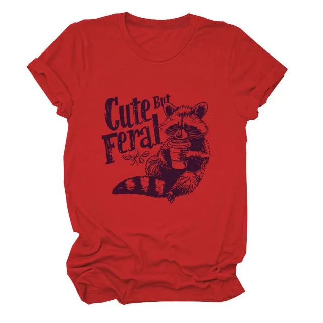 Guoli Printed Personality Round Neck Women's T shirt Red - Shop at LoveMi