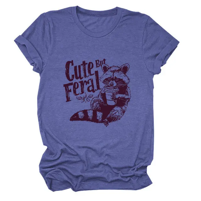 Guoli Printed Personality Round Neck Women's T shirt Retro Blue - Shop at LoveMi