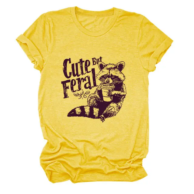 Guoli Printed Personality Round Neck Women's T shirt Yellow - Shop at LoveMi