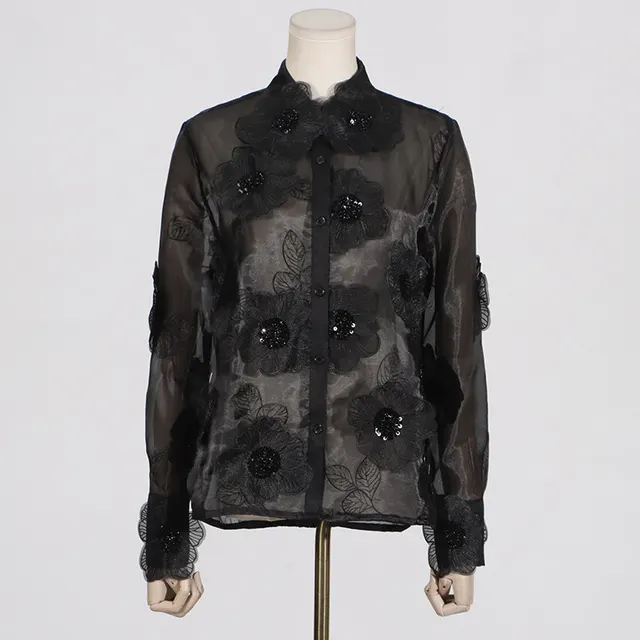 Fashion Polo Collar Heavy Industry Organza Embroidery Three dimensional Flowers Sequin Stitching Sense Of Design Shirt Black - Shop at LoveMi