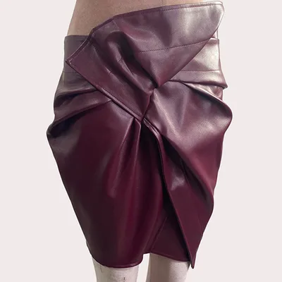 Faux Leather Cross Pleated Skirt Wine Red - Shop at LoveMi