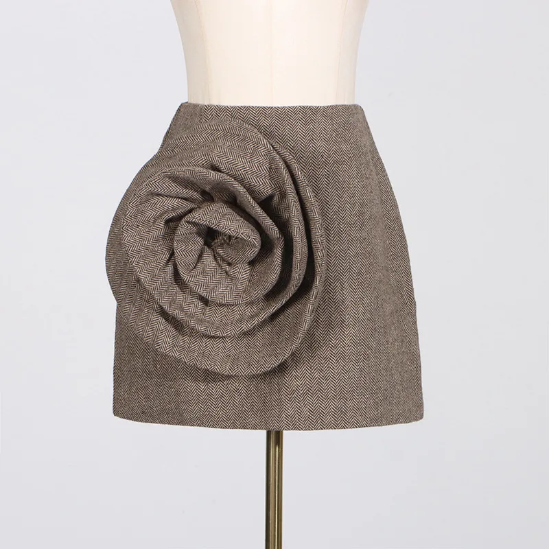 Elegant Style High Waist A Line Skirt Fashionable Three dimensional Flower Stitching Design Short Skirt Brown - Shop at LoveMi