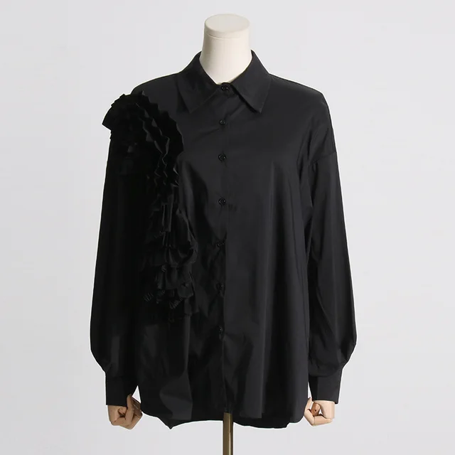 Design Sense Stitching Ruffle Three dimensional Flower Casual Shirt Black - Shop at LoveMi