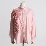 Design Sense Stitching Ruffle Three-dimensional Flower Casual Shirt - Pink