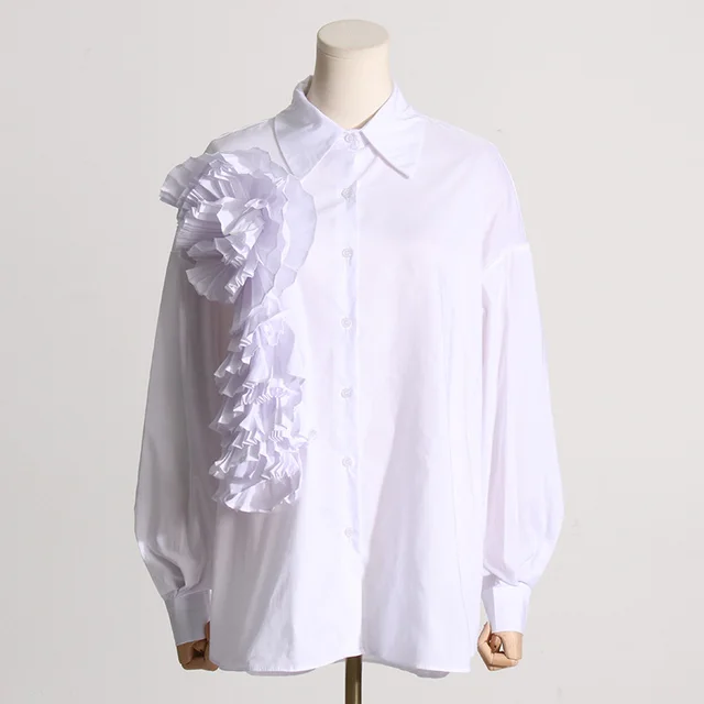 Design Sense Stitching Ruffle Three dimensional Flower Casual Shirt White - Shop at LoveMi