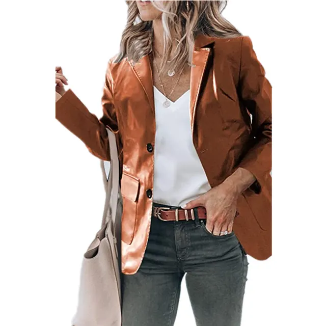 Elegant Slim fit Lapel Single Breasted Solid Color PU Leather Long sleeved Top Camel - Shop at LoveMi