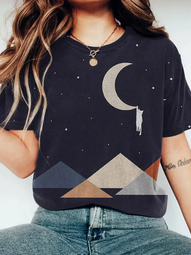 Women's Printed Round Neck Pullover Short Sleeved Shirt Style2 - Shop at LoveMi