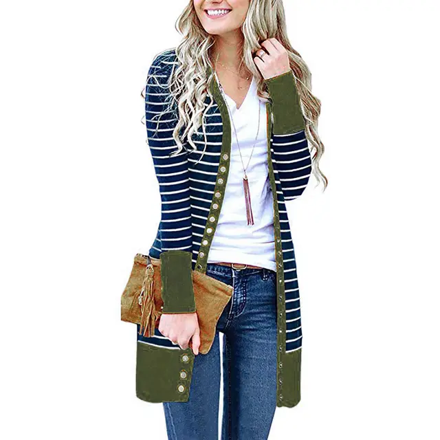 Autumn And Winter Plus Size Women's Fashionable Mid length Button Striped Cardigan Army Green - Shop at LoveMi
