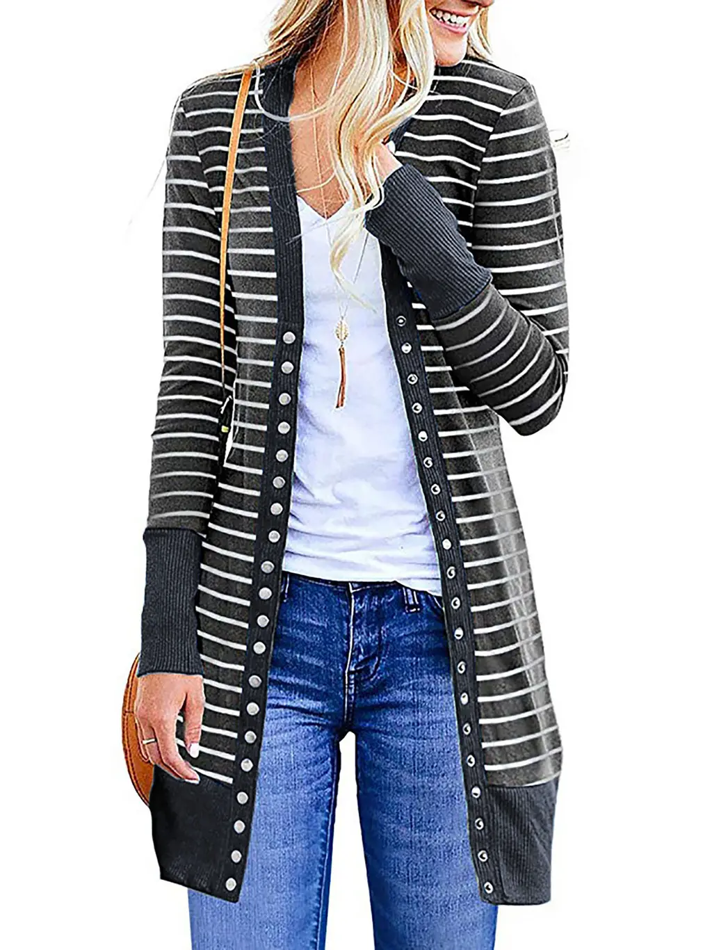 Autumn And Winter Plus Size Women's Fashionable Mid-length Button Striped Cardigan - Dark Gray