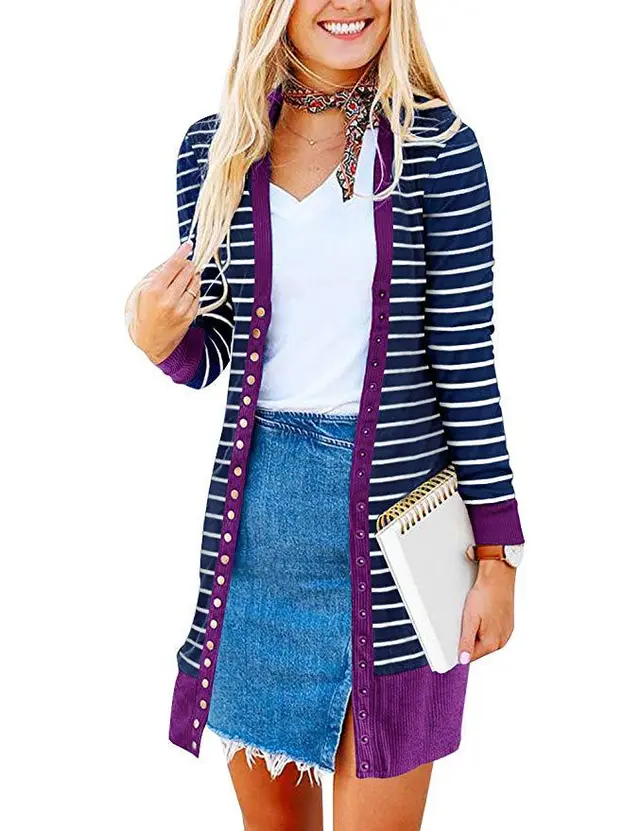 Autumn And Winter Plus Size Women's Fashionable Mid length Button Striped Cardigan Purple - Shop at LoveMi