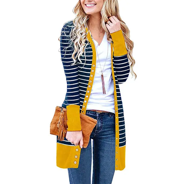 Autumn And Winter Plus Size Women's Fashionable Mid length Button Striped Cardigan Yellow - Shop at LoveMi