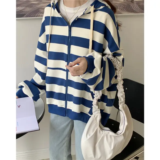 Striped Hooded Sweater Women's Loose Cardigan Zipper Coat Blue - Shop at LoveMi