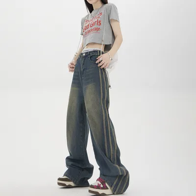 Vintage Stripe Wide Straight Jeans For Women Retro Lengthened - Shop at LoveMi