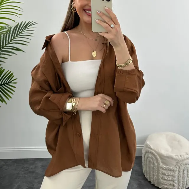 Spring And Autumn Fashion Shirt Women's Loose Hanging Shoulder Single breasted Cardigan Long Sleeve Shirt Brown - Shop at LoveMi