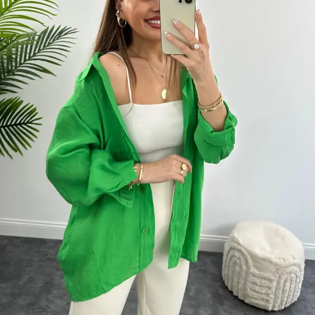 Spring And Autumn Fashion Shirt Women's Loose Hanging Shoulder Single breasted Cardigan Long Sleeve Shirt Green - Shop at LoveMi