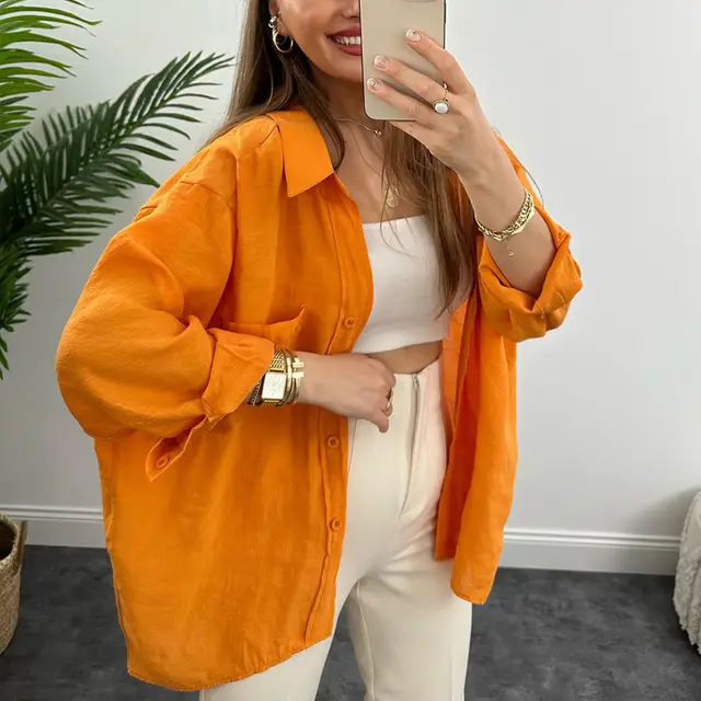 Spring And Autumn Fashion Shirt Women's Loose Hanging Shoulder Single breasted Cardigan Long Sleeve Shirt Orange - Shop at LoveMi