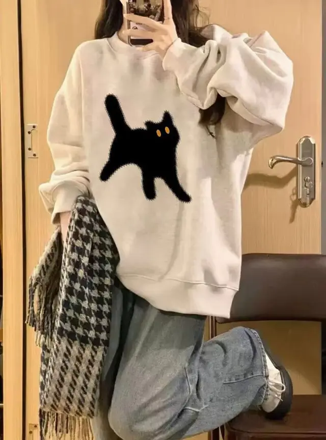 American Retro Oversize Round Neck Sweater For Women White - Shop at LoveMi