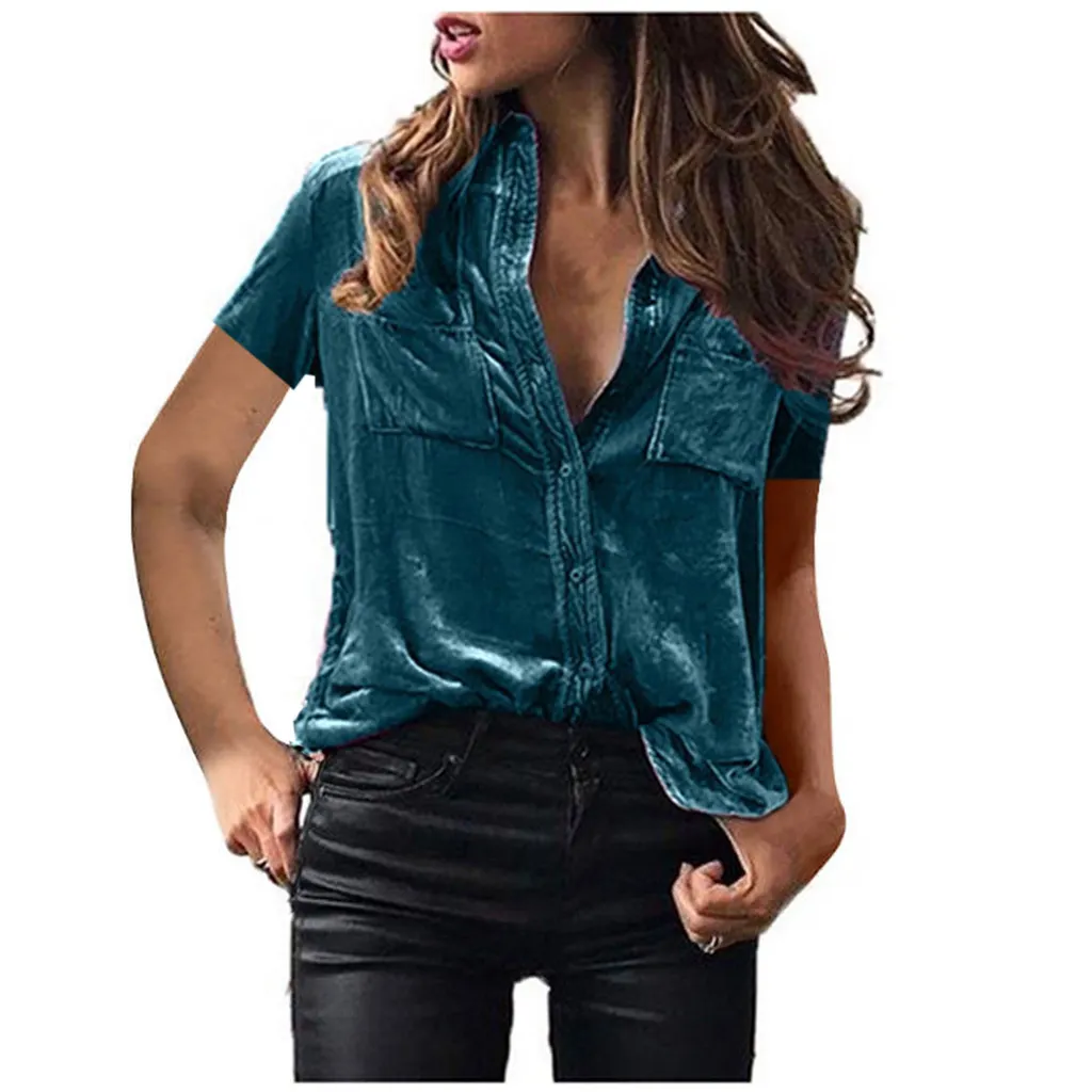 European And American Spring And Summer Pocket Shirt Top Solid Colour Elegant Long Sleeve Shirt For Women - Peacock Blue Short Sleeve