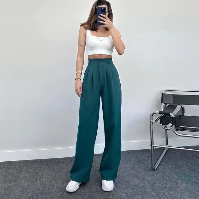 European And American Spring And Summer Casual Women's Elegant Straight High Waist Trousers Peacock Green - Shop at LoveMi