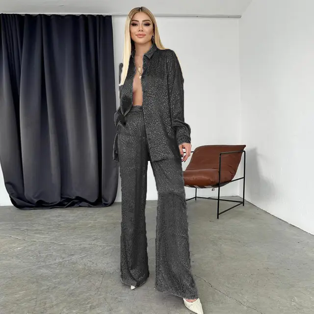 European And American Suit Women's Long sleeved Lapel Shirt Leopard Print Trousers Fashion Casual Two piece Suit Black - Shop at LoveMi