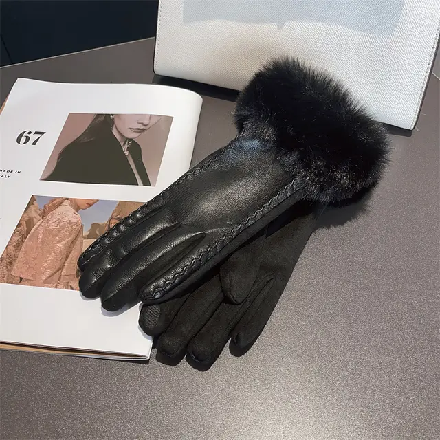 PU Leather Stitching Suede Gloves Black - Shop at LoveMi