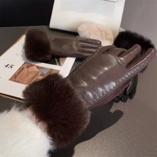 PU Leather Stitching Suede Gloves Brown - Shop at LoveMi